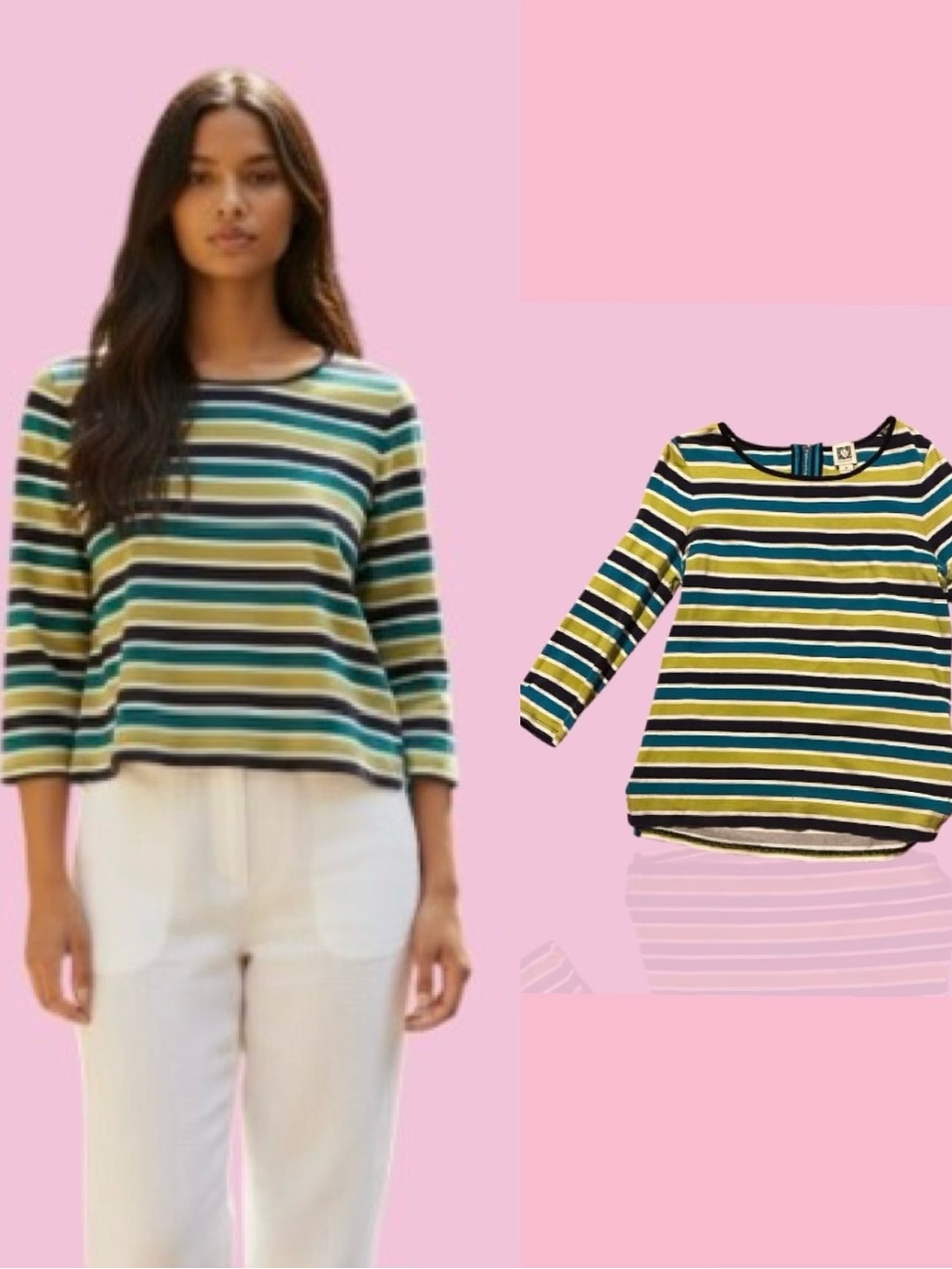 Anne Klein Navy, Lime & Turquoise Striped Top